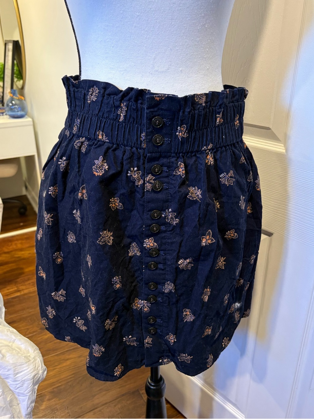 Madewell 2X Corduroy Paperbag Mini Skirt Navy Floral Button Front